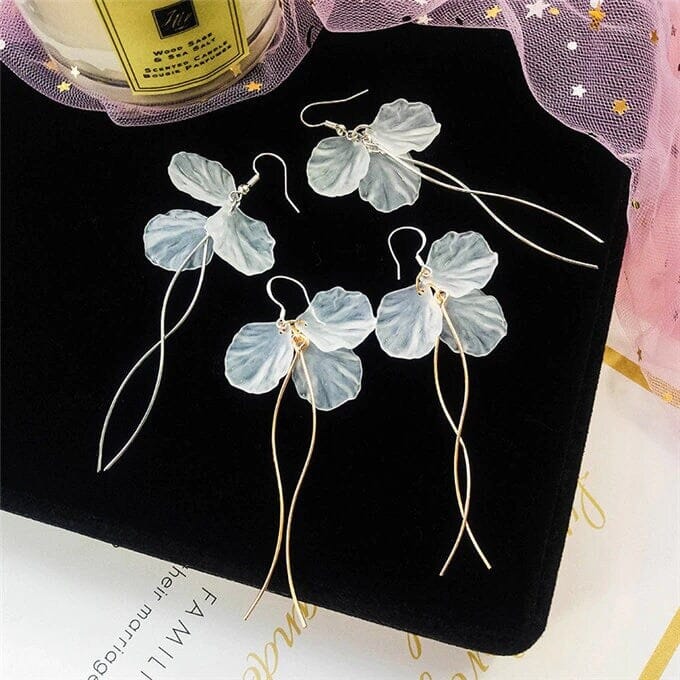 Floral Petals Dangle Earrings, Wedding Dainty Style Earrings, White Flower Bridal Earrings, Bridesmaid Flower Earrings - KaleaBoutique.com
