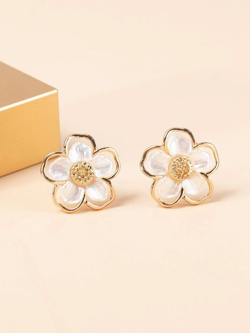 Florescent Abalone Flower Studs, Large Flowerhead Stud Earrings, Wedding Pearl Flower Stud Earrings - KaleaBoutique.com