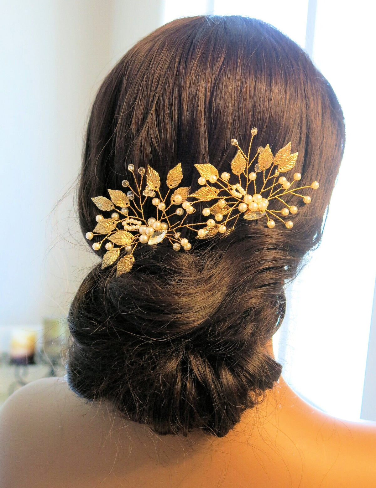 Flower Gold Leaf 2 PC Hairpin Set, Bridal Gold Wire Hair Pins, Wedding Rhinestone Large Hairpins - KaleaBoutique.com