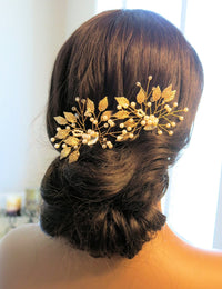 Flower Gold Leaf 2 PC Hairpin Set, Bridal Gold Wire Hair Pins, Wedding Rhinestone Large Hairpins - KaleaBoutique.com