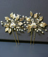 Flower Branch Gold Leaf 2 PC Hairpin Set, Bridal Gold Wire Floral Hair Pins, Wedding Pearl Rhinestone Hairpiece, Bridesmaid Pearl Hairpins - KaleaBoutique.com