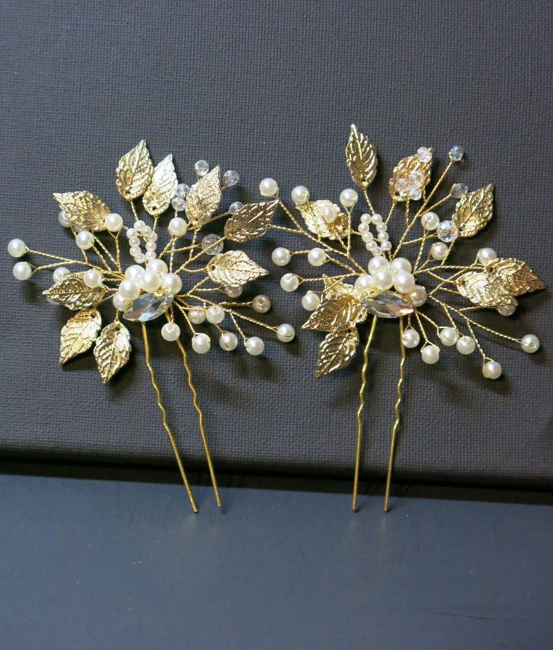 Flower Gold Leaf 2 PC Hairpin Set, Bridal Gold Wire Hair Pins, Wedding Rhinestone Large Hairpins - KaleaBoutique.com