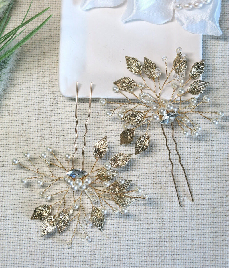 Flower Gold Leaf 2 PC Hairpin Set, Bridal Gold Wire Hair Pins, Wedding Rhinestone Large Hairpins - KaleaBoutique.com