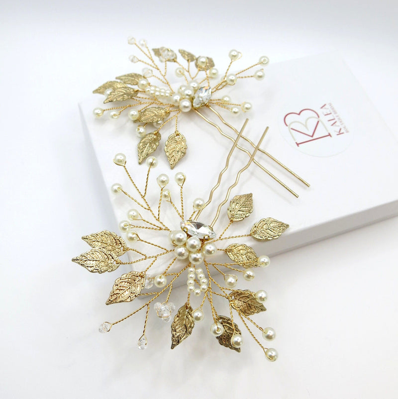 Flower Gold Leaf 2 PC Hairpin Set, Bridal Gold Wire Hair Pins, Wedding Rhinestone Large Hairpins - KaleaBoutique.com