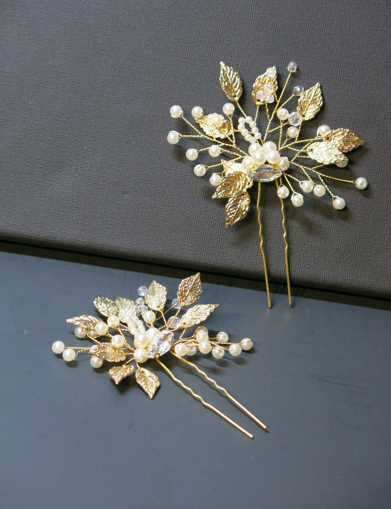 Flower Gold Leaf 2 PC Hairpin Set, Bridal Gold Wire Hair Pins, Wedding Rhinestone Large Hairpins - KaleaBoutique.com