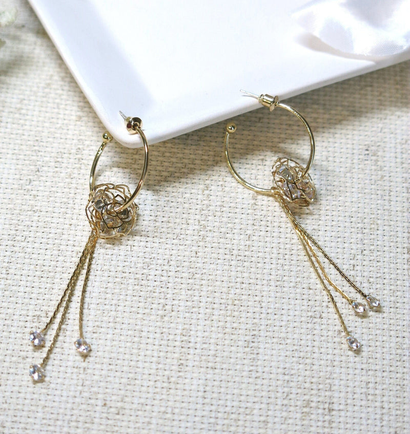 Flower Charm Hooped Earrings with Chain Dangles, Crystal Bridal Hoop Studs, Wedding Floral Earrings - KaleaBoutique.com