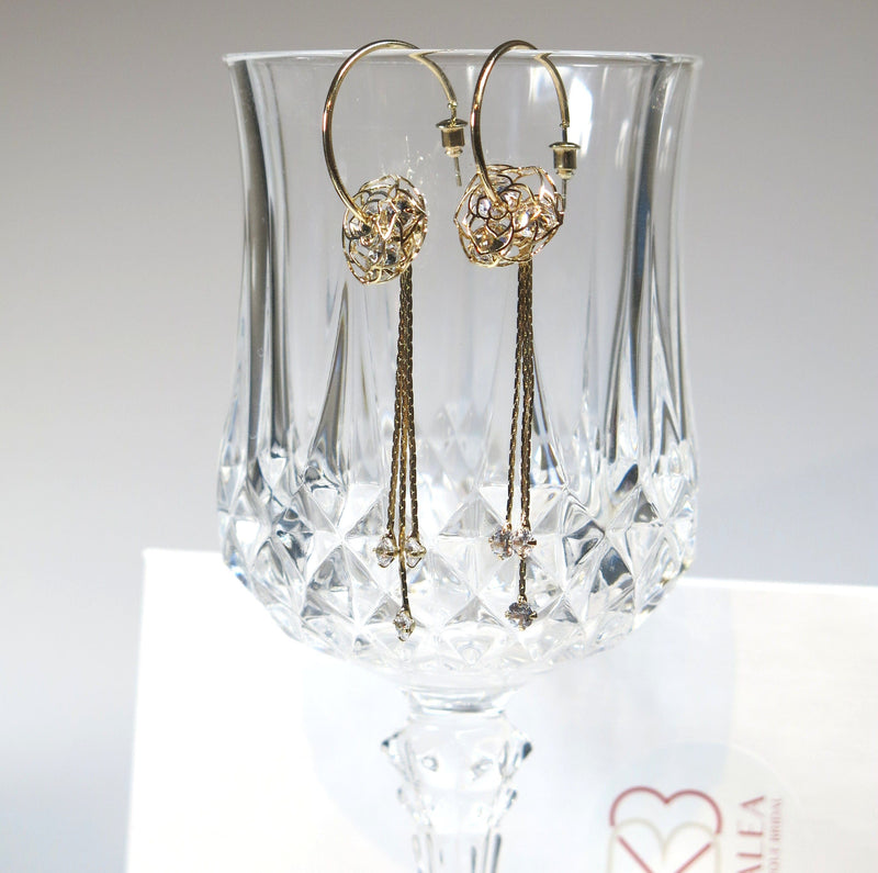 Flower Charm Hooped Earrings with Chain Dangles, Crystal Bridal Hoop Studs, Wedding Floral Earrings - KaleaBoutique.com