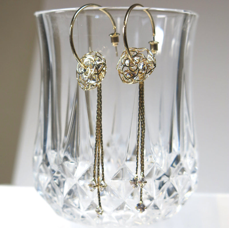 Flower Charm Hooped Earrings with Chain Dangles, Crystal Bridal Hoop Studs, Wedding Floral Earrings - KaleaBoutique.com