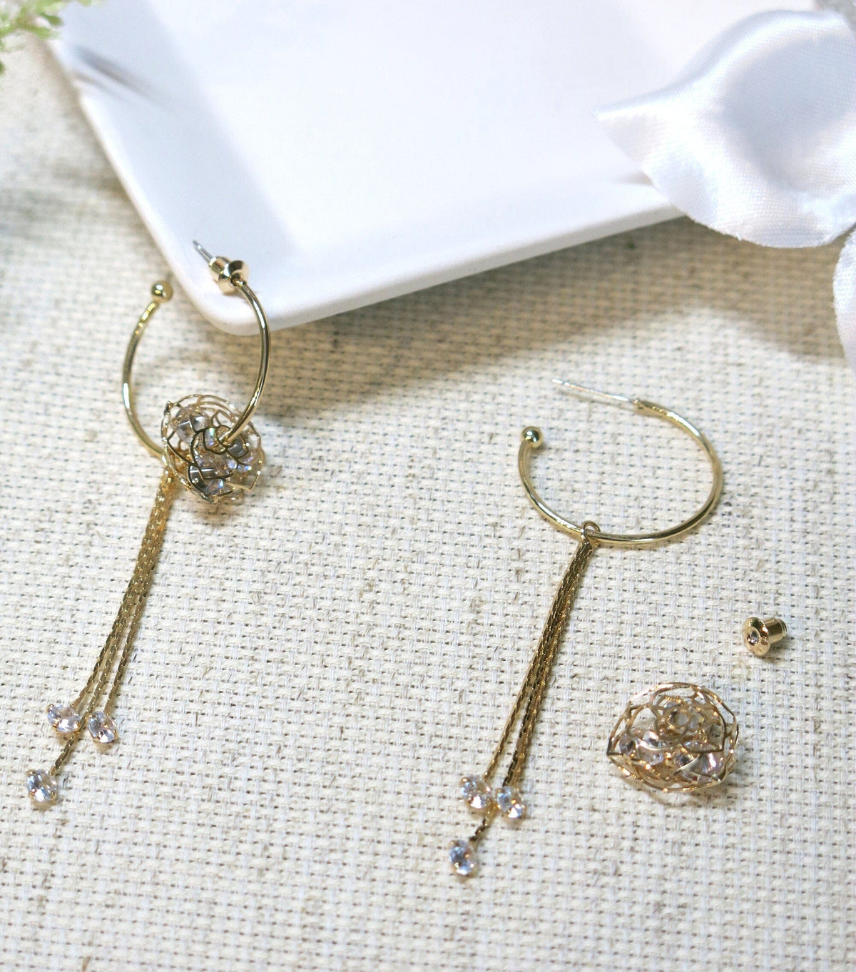 Flower Charm Hooped Earrings with Chain Dangles, Crystal Bridal Hoop Studs, Wedding Floral Earrings - KaleaBoutique.com