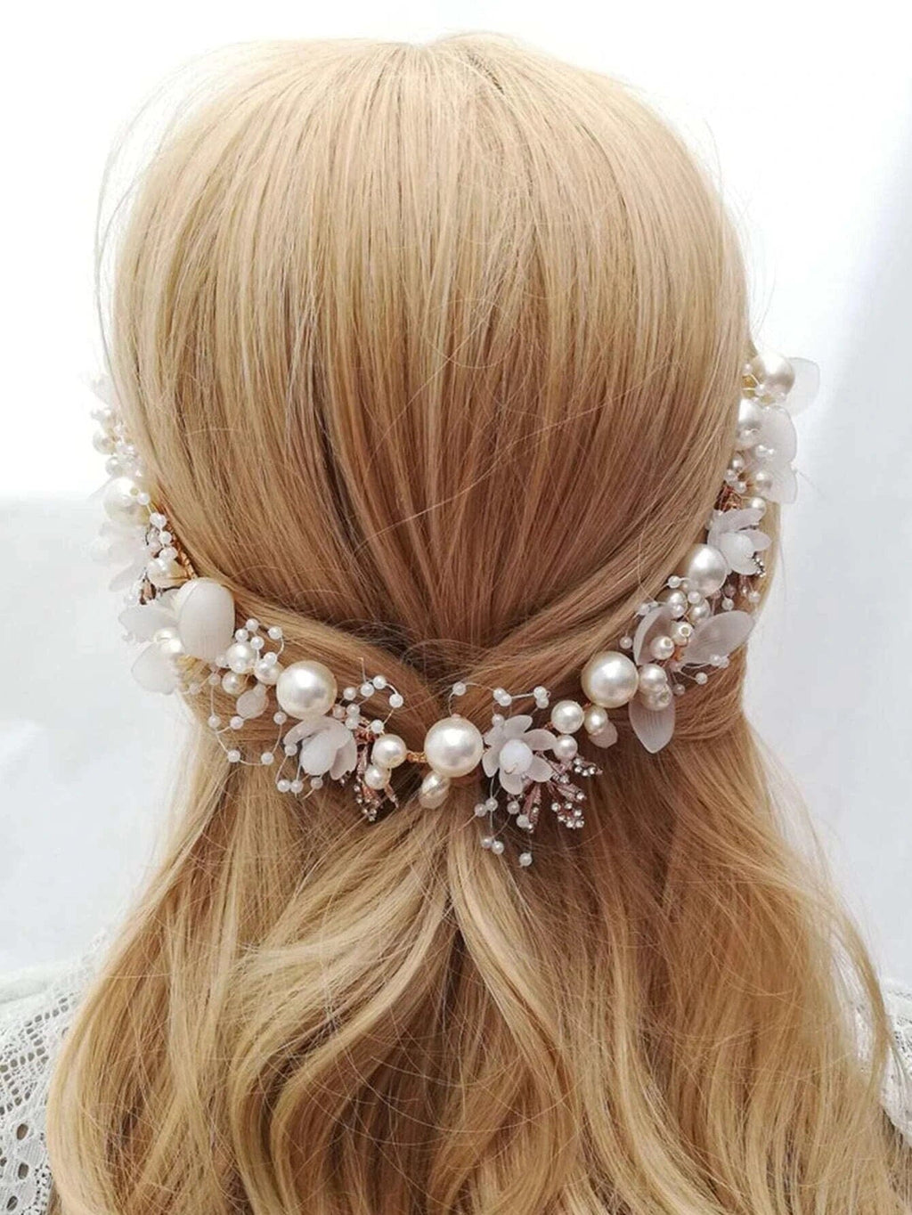 Flower Girl Pearl Headband, Bridal White Floral Tiara, Boho Wedding Flower Headband, Bridal Head Wreath Hair Vine - KaleaBoutique.com