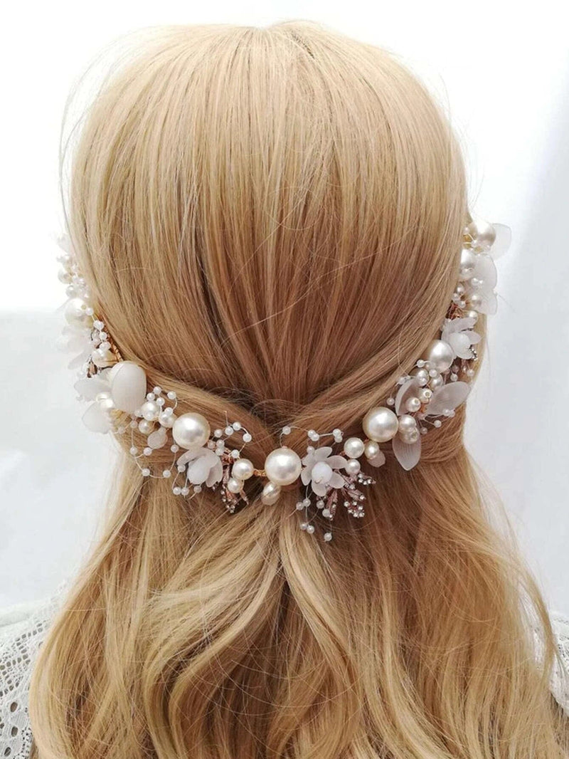 Flower Girl Pearl Headband, White Floral Tiara, Boho Wedding Flower Headband, Bridal Head Wreath Hairpiece, Bridesmaid Wreath Headpiece - KaleaBoutique.com