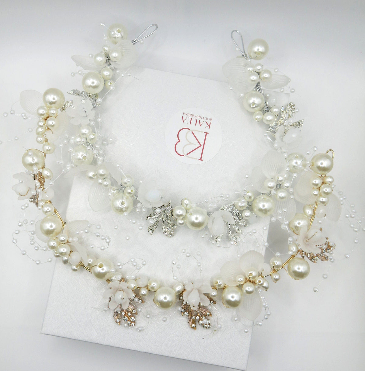 Flower Girl Pearl Headband, Bridal White Floral Tiara, Boho Wedding Flower Headband, Bridal Head Wreath Hair Vine - KaleaBoutique.com