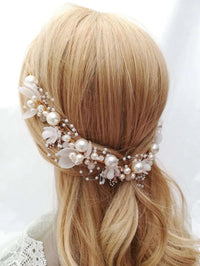 Flower Girl Pearl Headband, Bridal White Floral Tiara, Boho Wedding Flower Headband, Bridal Head Wreath Hair Vine - KaleaBoutique.com