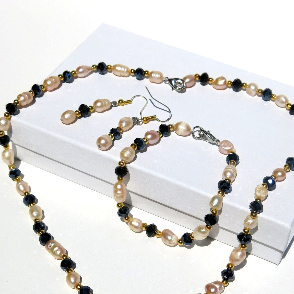 Freshwater Pearl 4 PC Jewelry Set, Natural Pearl Bracelet Earrings and Necklace, Bridesmaid Crystal Real Pearl Jewelry - KaleaBoutique.com