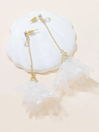 Gold Chain Fuzzy Floral Stud Earrings, White Chiffon Extra Light Bridal Earrings, Wedding Flower Flowy Earrings for Bride - KaleaBoutique.com