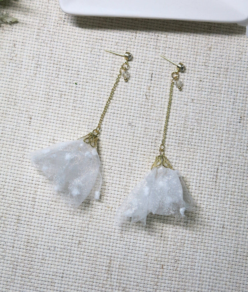 Gold Chain Fuzzy Floral Studs, White Chiffon Extra Light Bridal Earrings, Wedding Flower Dangle Earrings, Flower Tassel Dainty Stud Earrings - KaleaBoutique.com