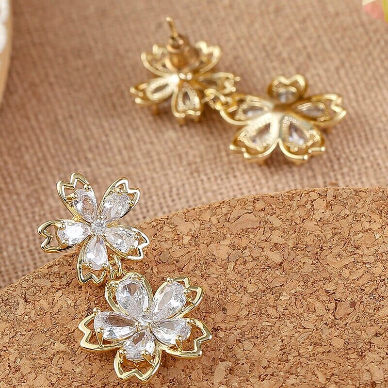 Gold Dual Crystal Flower Earrings, Large CZ Diamond Crystal Floral Studs, Bridal Diamond Flower Stud Earrings - KaleaBoutique.com