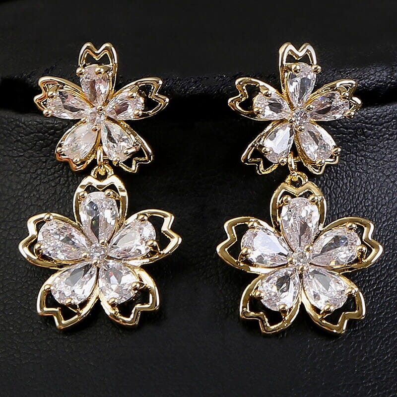 Gold Dual Crystal Flower Earrings, Large CZ Diamond Crystal Floral Studs, Bridal Diamond Flower Stud Earrings - KaleaBoutique.com