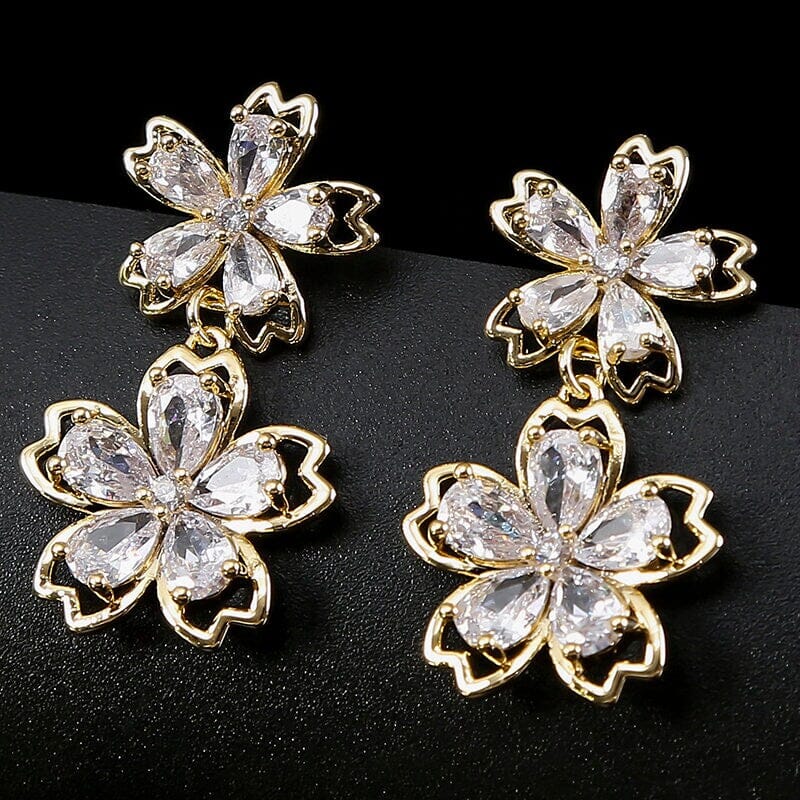 Gold Dual Crystal Flower Earrings, Large CZ Diamond Crystal Floral Studs, Bridal Diamond Flower Stud Earrings - KaleaBoutique.com