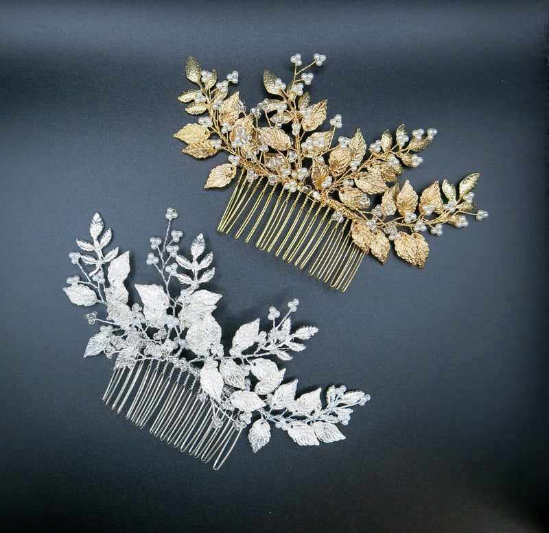 Gold Leaf Bridal Hair Comb, Wedding Gold Headpiece, Gold Tree Branch Hairpiece, Wedding Silver Leaf Headpiece, Bridesmaid Floral Hairpiece - KaleaBoutique.com