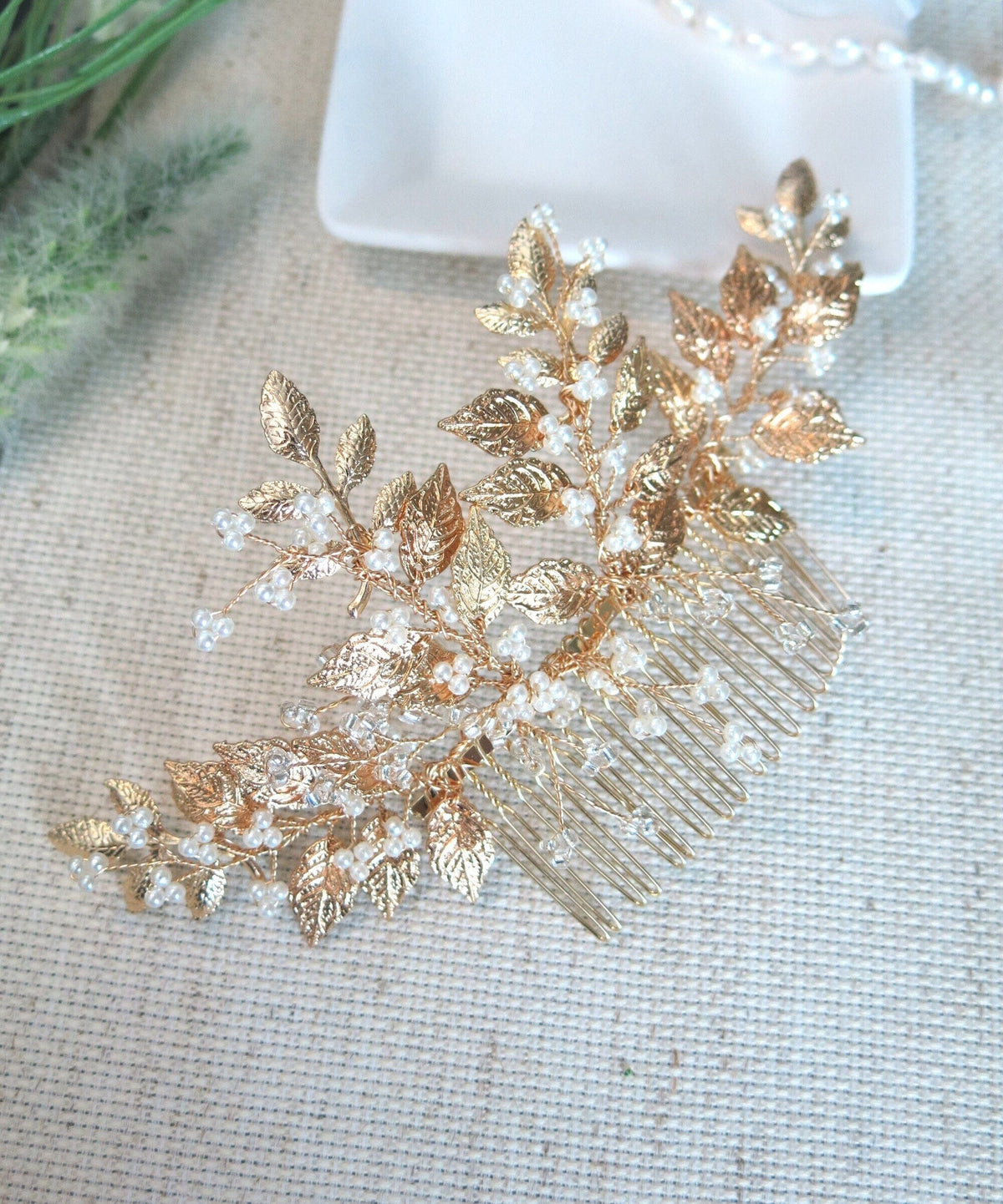 Gold Leaf Large Bridal Hair Comb, Wedding Decorative Hair Comb, Gold Branch Wedding Hairpiece - KaleaBoutique.com