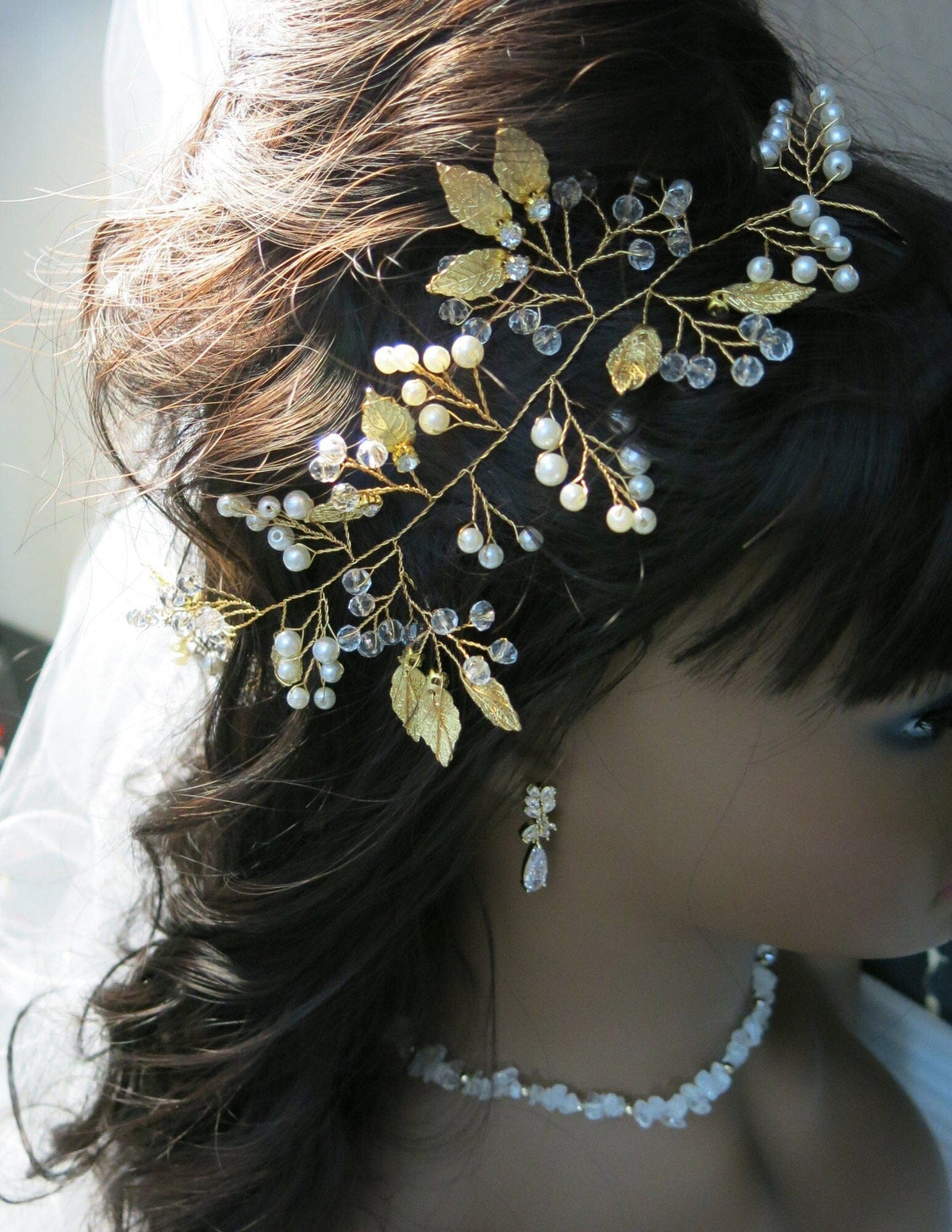 Gold Leaf Pearl Branch Hair Vine, Wedding Pearl Wire Headband, Bridal Pearl Wire Head Wreath Tiara - KaleaBoutique.com