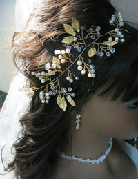 Gold Leaf Pearl Branch Hair Vine, Wedding Pearl Wire Headband, Bridal Pearl Wire Head Wreath Tiara - KaleaBoutique.com