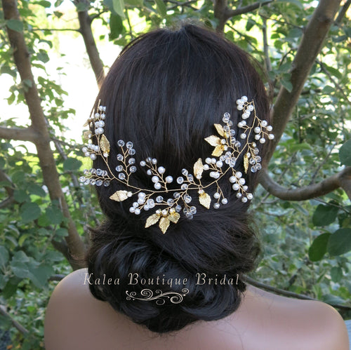 Gold Leaf Pearl Branch Hair Vine, Wedding Pearl Wire Headband, Bridal Pearl Wire Head Wreath Tiara - KaleaBoutique.com