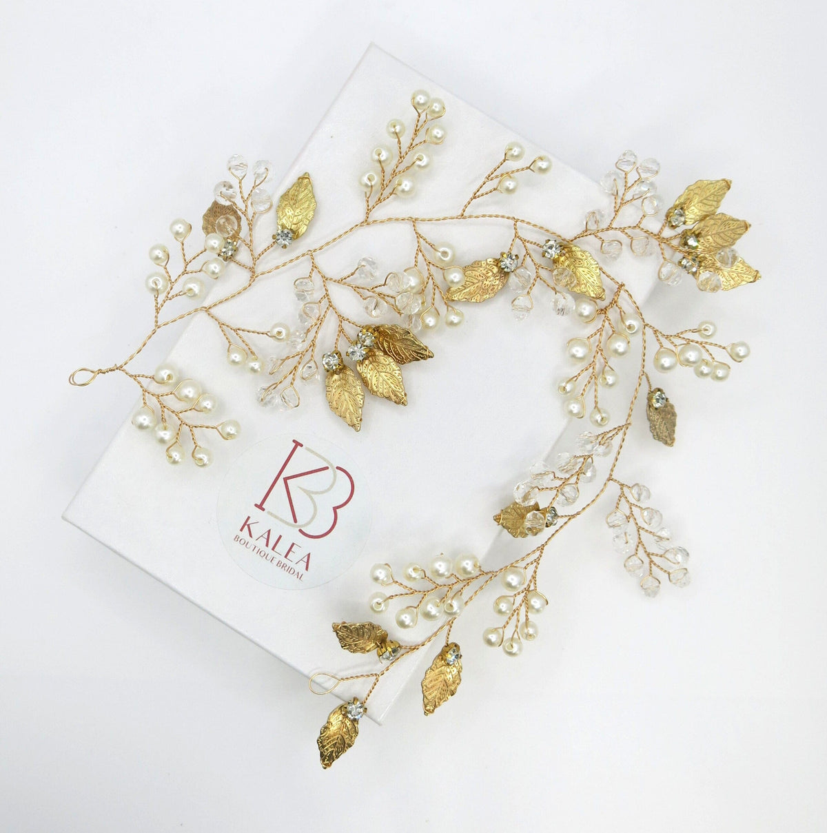 Gold Leaf Pearl Branch Hair Vine, Wedding Pearl Wire Headband, Bridal Pearl Wire Head Wreath Tiara - KaleaBoutique.com