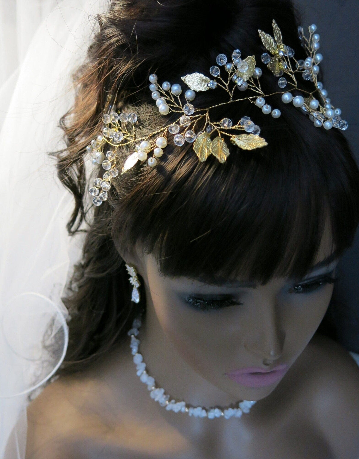 Gold Leaf Pearl Branch Hair Vine, Wedding Pearl Wire Headband, Bridal Pearl Wire Head Wreath Tiara - KaleaBoutique.com