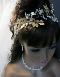 Gold Leaf Pearl Branch Hair Vine, Wedding Pearl Wire Headband, Bridal Pearl Wire Head Wreath Tiara - KaleaBoutique.com