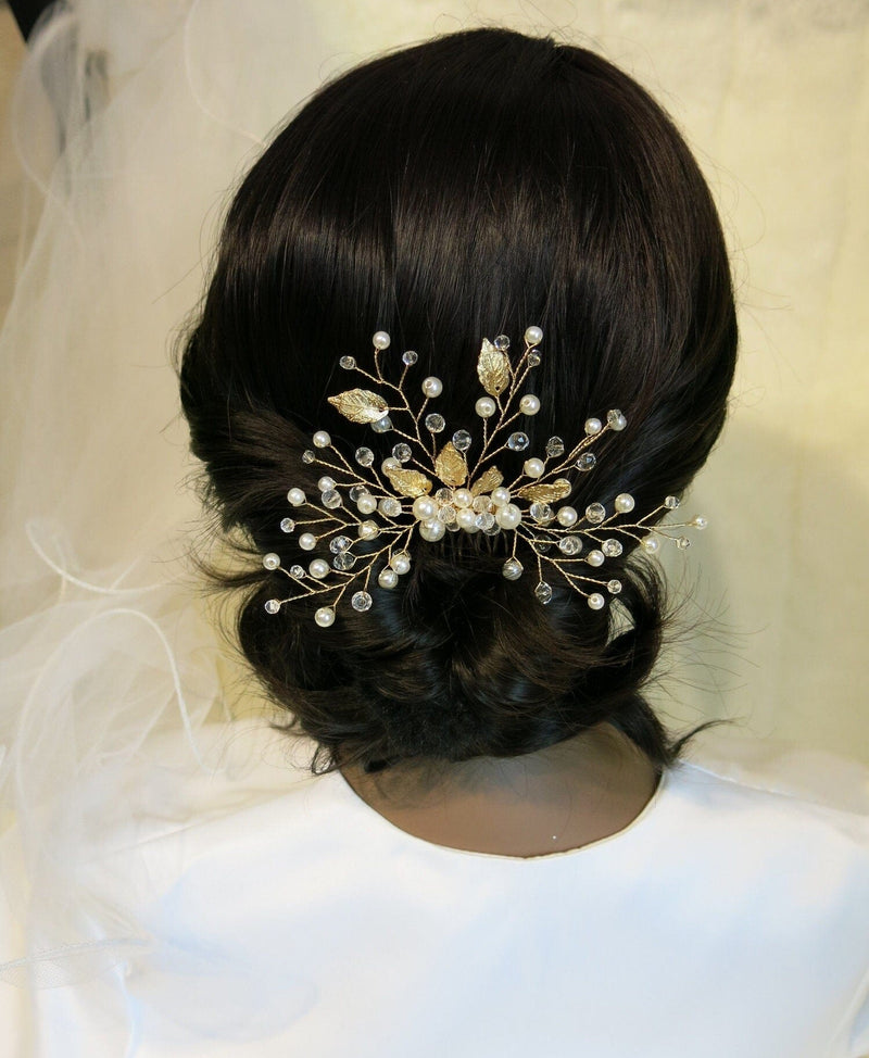 Gold Leaf Pearl Wire Bridal Hair Comb, Wedding Pearl Hairpiece, Small Wedding Hairpin Headpiece - KaleaBoutique.com