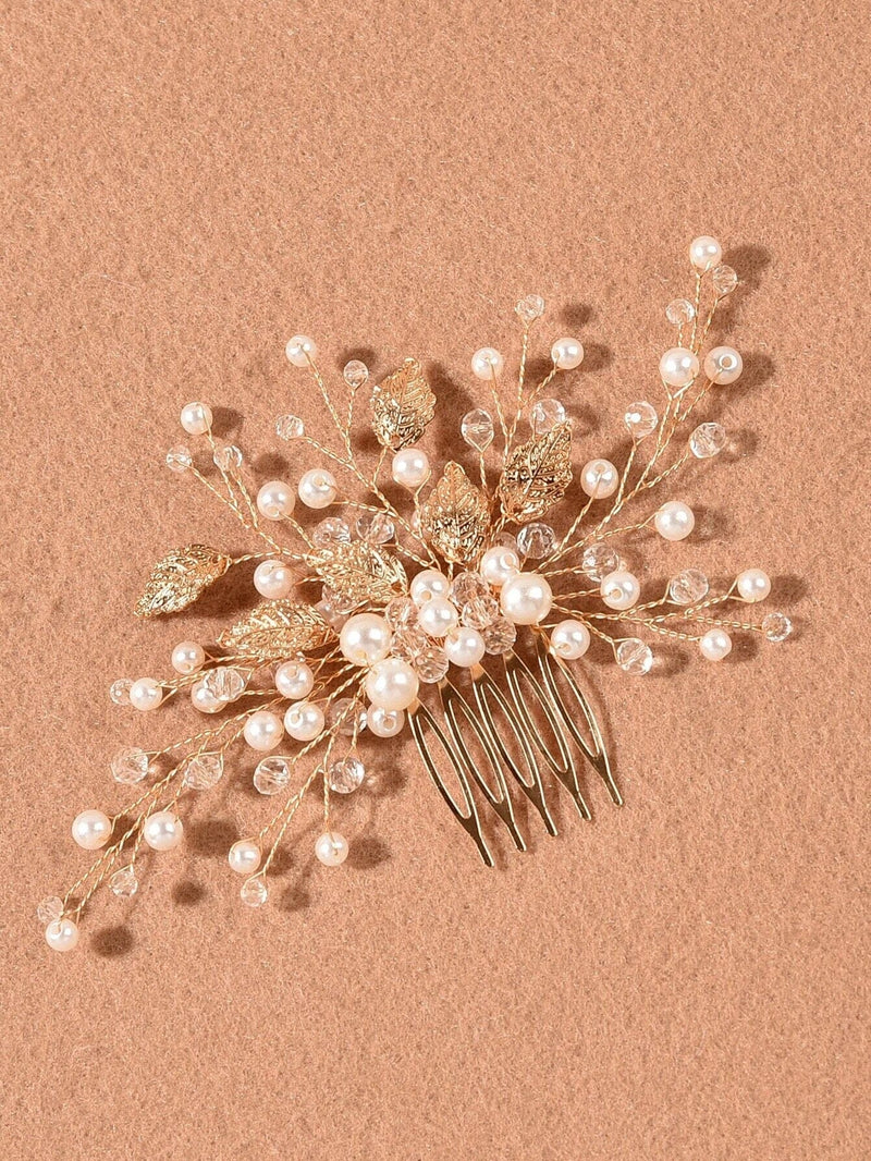 Gold Leaf Pearl Wire Bridal Hair Comb, Wedding Pearl Hairpiece, Small Wedding Hairpin Headpiece - KaleaBoutique.com