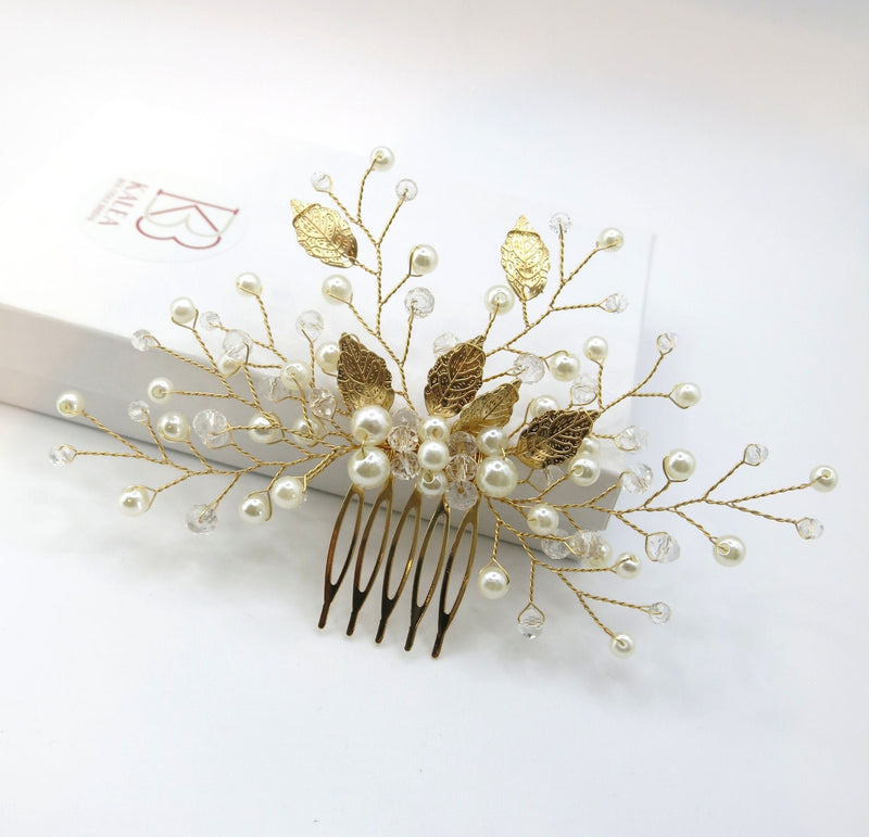 Gold Leaf Pearl Wire Bridal Hair Comb, Wedding Pearl Hairpiece, Small Wedding Hairpin Headpiece - KaleaBoutique.com