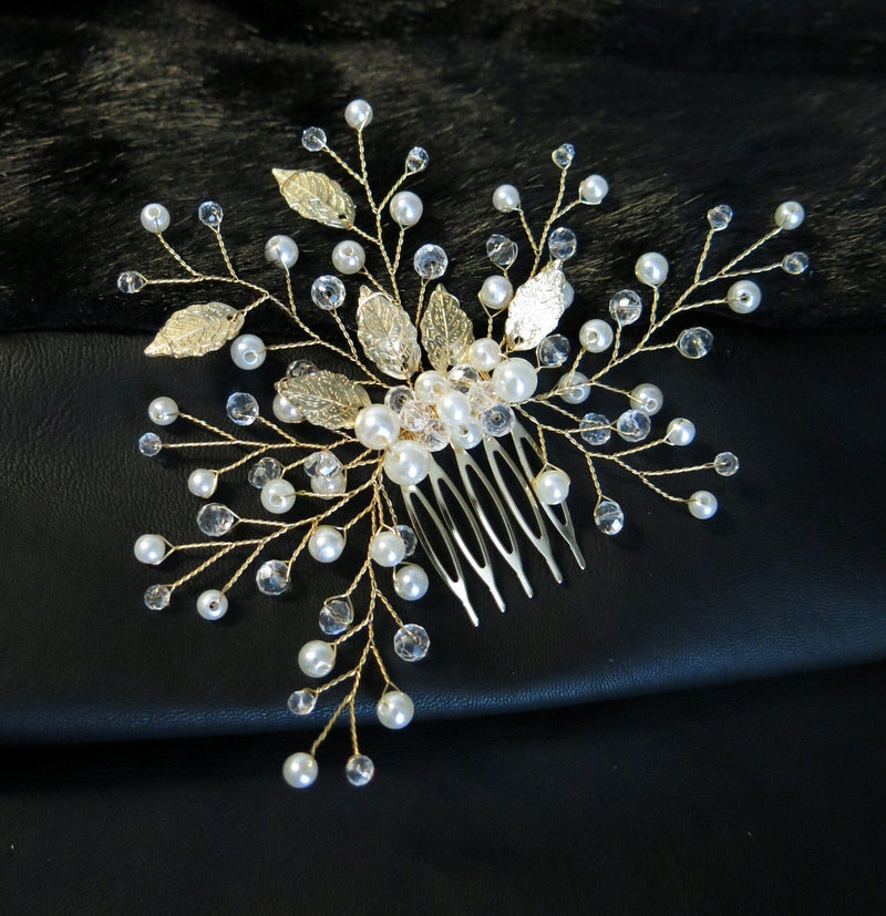 Gold Leaf Pearl Wire Hair Comb, Wedding Pearl Hairpiece, Bridal Hand Wired Hairpin Headpiece, Bridesmaid Floral Hairpin Hairdo Accessory - KaleaBoutique.com