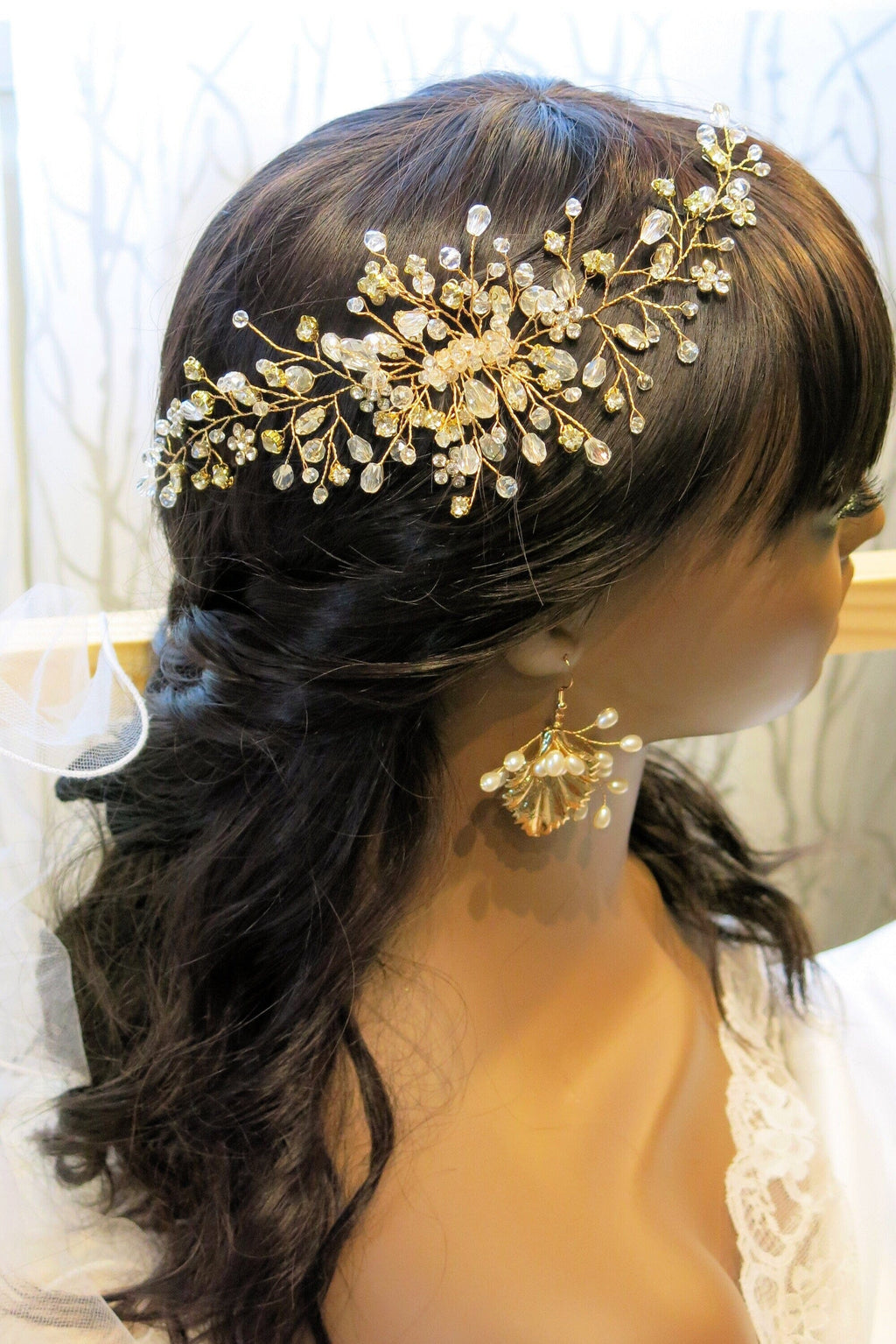 Crystal Pearl Large Bridal Hair Comb, Floral Wedding Rhinestone Hair Comb, Large Crystal Wire Hair Comb - KaleaBoutique.com