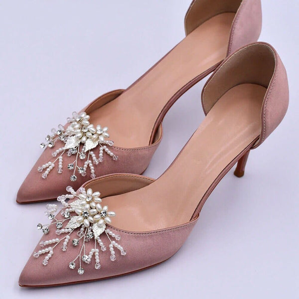 Bridal Pearls and Crystals 2 PC Shoe Clip Set, Wedding Slipper Flower Clip on. Brides Sandal Shoe Clips - KaleaBoutique.com