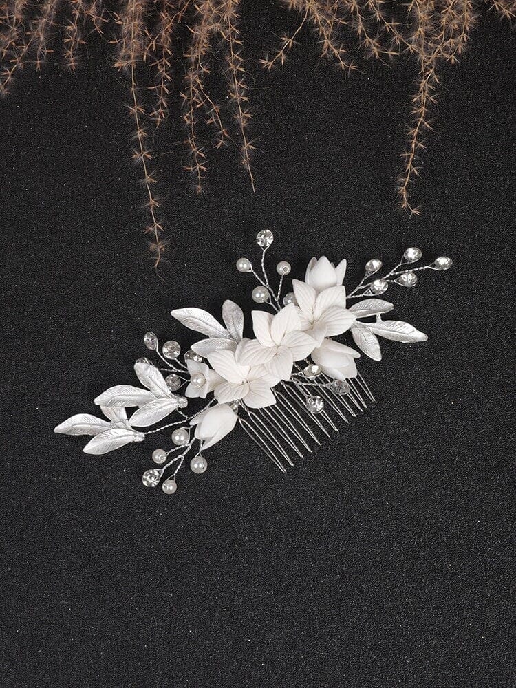 Hand Wired Silver Ceramic Flower Pearl Crystal Bridal Hair Comb, Boho Wedding Bejeweled Hairpin Hair Clip, Handmade Floral 6.0"L Hair Comb - KaleaBoutique.com