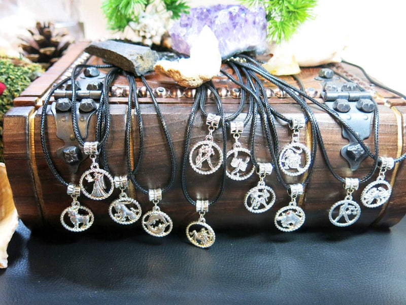 Zodiac Unisex Pendant Necklace, Silver Black Cord Boho Medallion Zodiac Sign Beach Necklace - KaleaBoutique.com