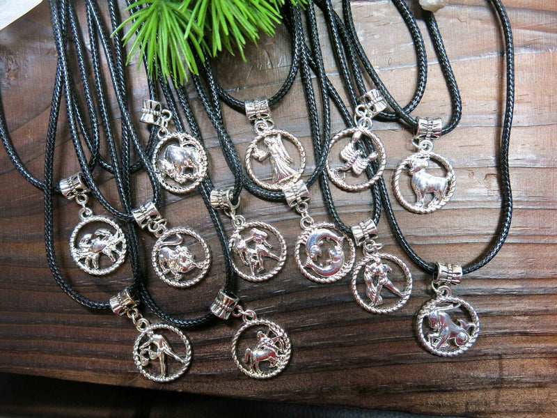 Zodiac Unisex Pendant Necklace, Silver Black Cord Boho Medallion Zodiac Sign Beach Necklace - KaleaBoutique.com