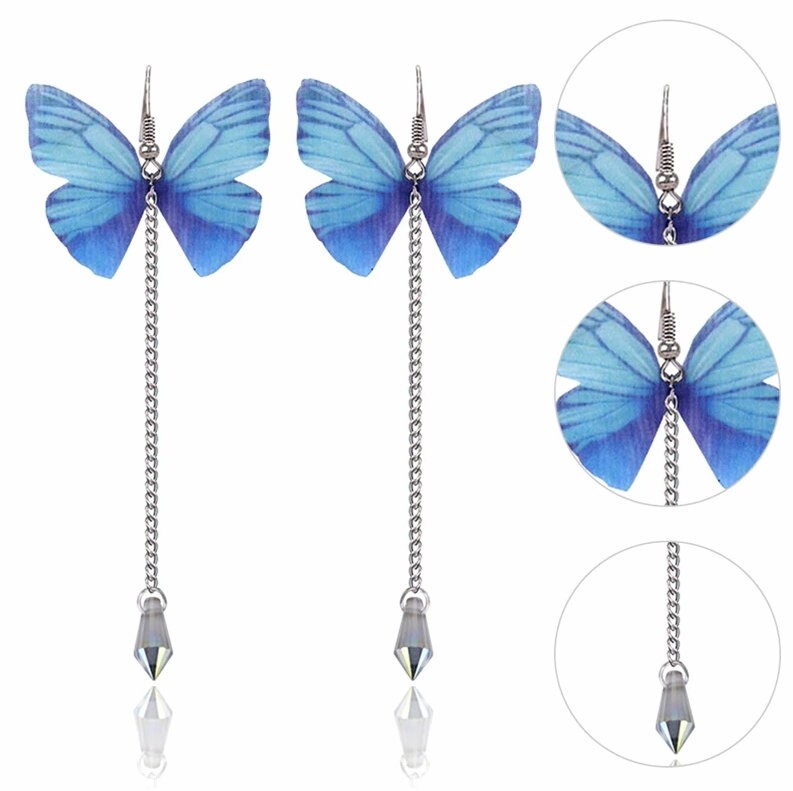 Realistic Chiffon Blue Butterfly Earrings, Fashion Statement Chain Dangle Earrings, Artistic Fantasy Tassel Jewelry - KaleaBoutique.com