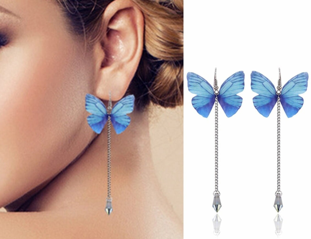 Realistic Chiffon Blue Butterfly Earrings, Fashion Statement Chain Dangle Earrings, Artistic Fantasy Tassel Jewelry - KaleaBoutique.com