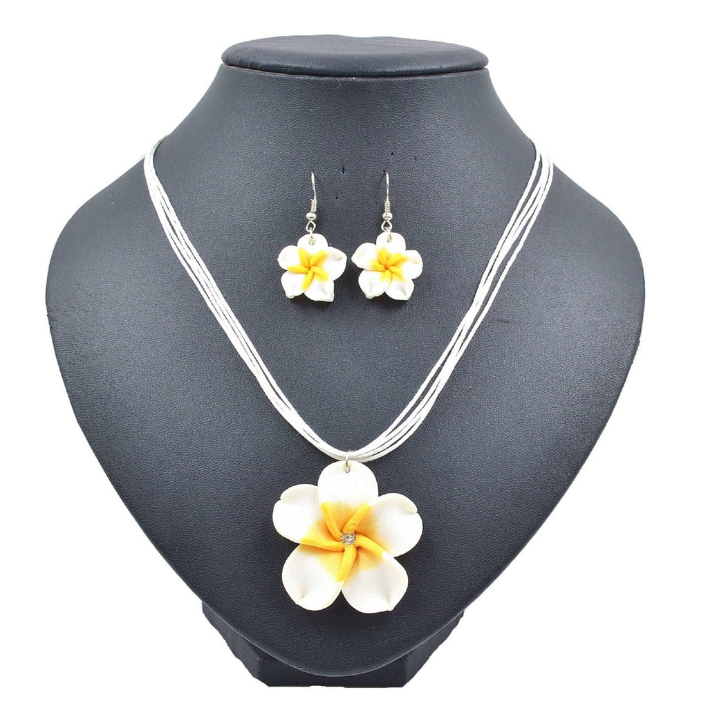 Plumeria Flower Necklace and Earrings 3 PC Jewelry Set, Hawaii Floral Plumeria Boho Choker Necklace - KaleaBoutique.com