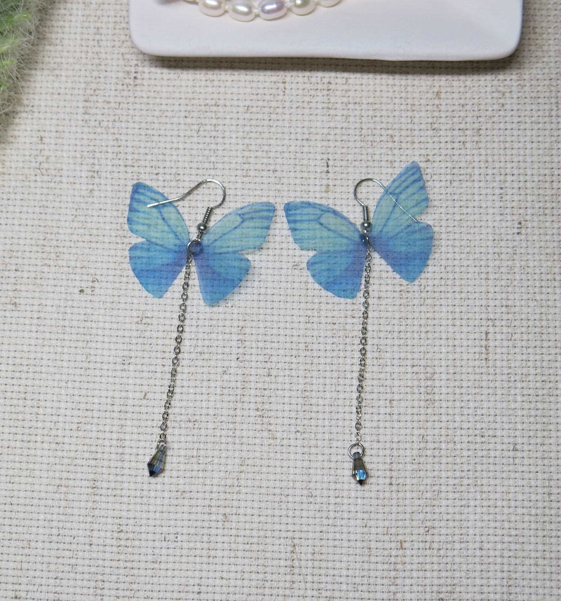 Realistic Chiffon Blue Butterfly Earrings, Fashion Statement Chain Dangle Earrings, Artistic Fantasy Tassel Jewelry - KaleaBoutique.com