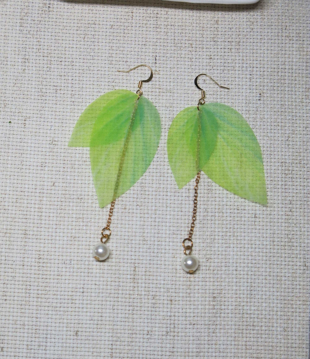 Delicate Chiffon Green Leaf Chain Earrings, Green Leaf Dangle Fashion Statement Earrings - KaleaBoutique.com