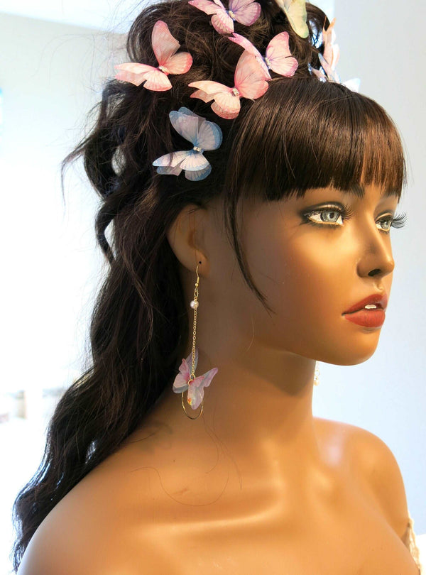 Chiffon Realistic Butterfly Earrings, Dangle Chain Drop Earrings, Asymmetric Chiffon Butterfly Earrings - KaleaBoutique.com