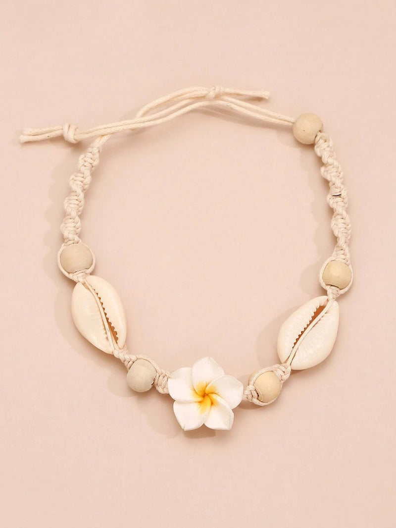 White Plumeria Flower Rope Bracelet, Boho Macrame Flower Anklet Rope Beach Knot Bracelet - KaleaBoutique.com