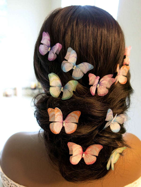 Multicolored Double Layer Chiffon Butterfly 5 PC Hairclip Set, Wedding, Prom Party Chiffon Butterfly Hair Clips - KaleaBoutique.com