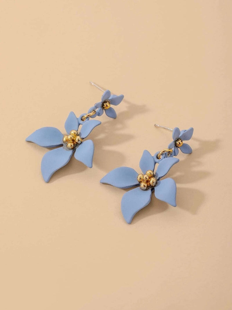 S925 Sterling Silver Post Double Flower Earrings, Lightweight Statement Blue Pink or Yellow Floral Prom Stud Earrings - KaleaBoutique.com