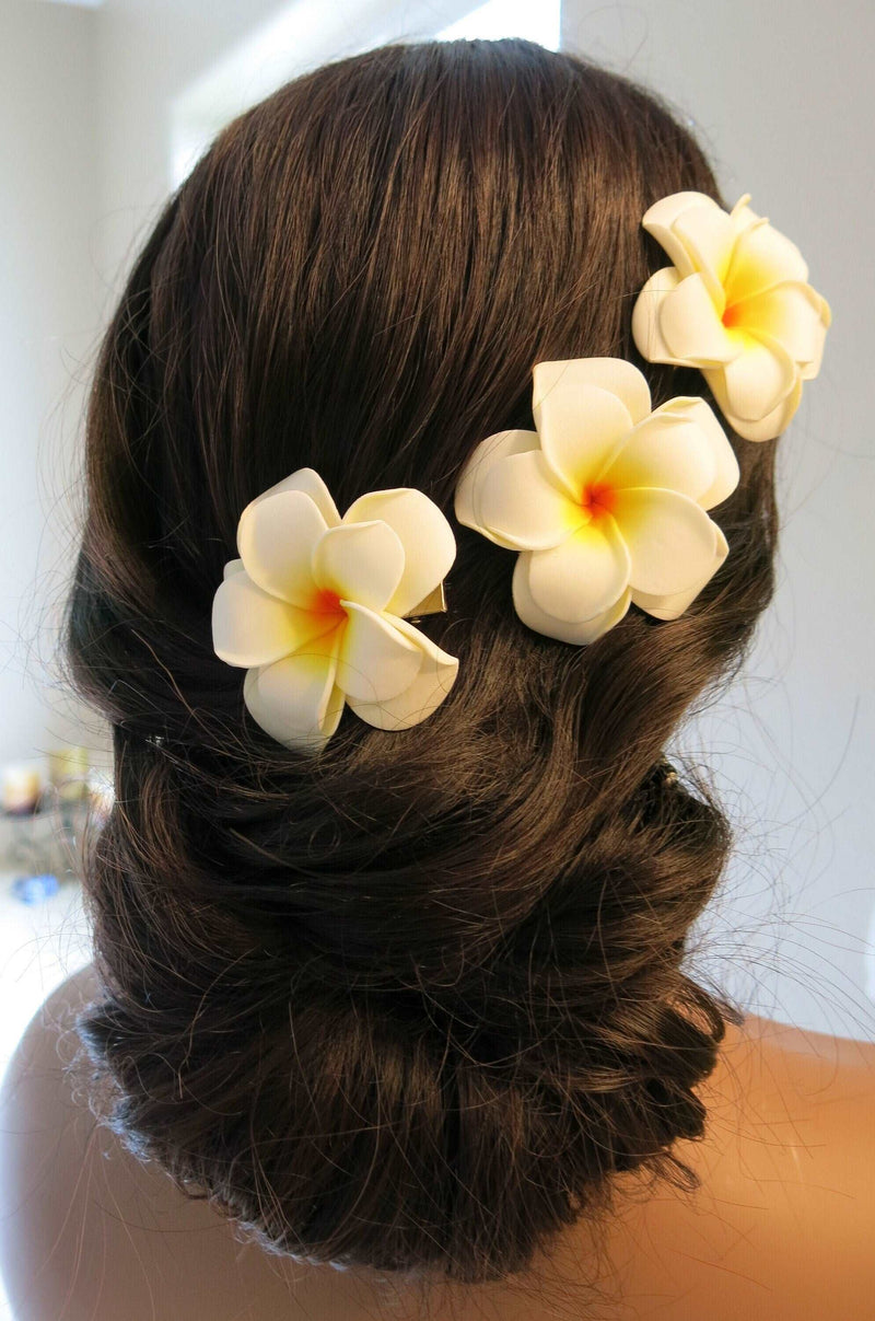 3 PC Double Layer Plumeria Hair Clip Set, White Hawaii Flower Hairclips, Floral Beach Hairpin Headpiece - KaleaBoutique.com